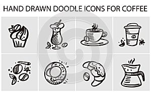 Coffee time logo hand drawn icons, doodle on blackboard