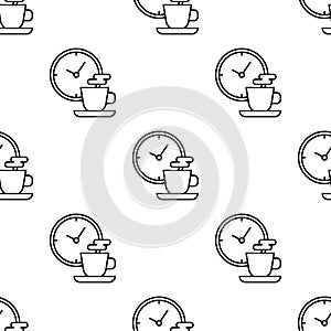 Coffee time seamless pattern. Clock and coffee cup sign