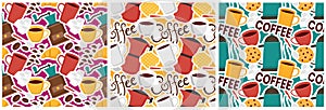 Coffee Time Seamless Pattern Design With Cacao Beans, Grains and Jug in Cartoon Flat Illustration