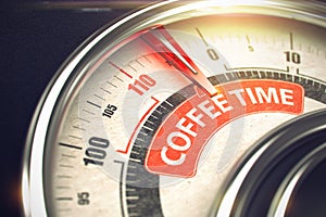 Coffee Time - Text on Conceptual Dial with Red Needle. 3D.