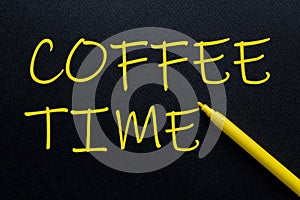 Coffee time Yellow Pen with yellow text own rent at the black background