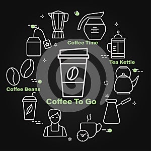 Coffee to go chalk vector banner. Linear icons of coffee and tea in circle desing on black