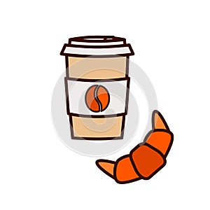 Coffee to go and croissant vector icon illustration.