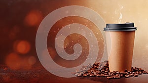 Coffee to go cup and coffee beans background with place for text