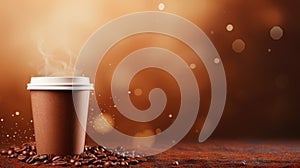 Coffee to go cup and coffee beans background with place for text