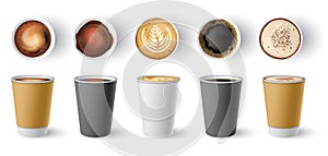 Coffee to go cup. Paper cappuccino cups top and side view. Hot americano, espresso and latte in cardboard takeaway