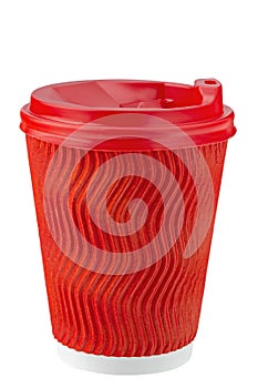 Coffee to go in a disposable cup red color on isolated a white background. Template disposable plastic and paperware for hot