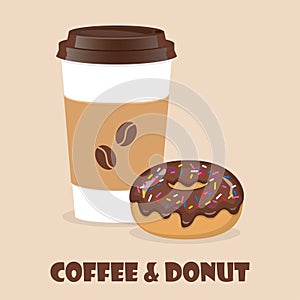 Coffee to go and donut. Vector illustration for discount voucher, flyer, cafe menu, advertising poster