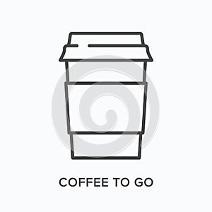 Coffee to go flat line icon. Vector outline illustration of paper cup. Black thin linear pictogram for takeout drink