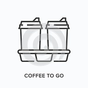 Coffee to go flat line icon. Vector outline illustration of two paper cup and cupholder . Black thin linear pictogram