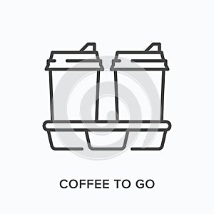 Coffee to go flat line icon. Vector outline illustration of two paper cup and cupholder . Black thin linear pictogram photo
