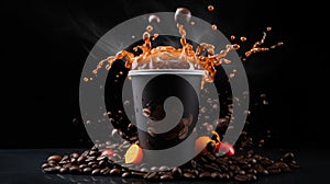 Coffee to go fragrant drink splashes with falling down coffee beans and steam on black background