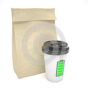 Coffee to go and lunch bag, on white