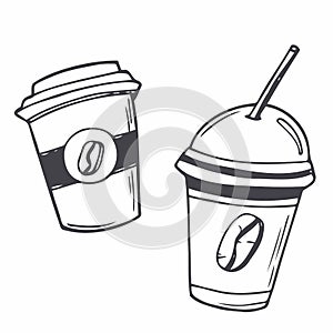 Coffee to go paper cups hand drawn vector illustration. Hot drinks take away concept