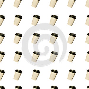Coffee to go, seamless pattern made of photography. Kraft paper cups with black lids. Lifestyle concept
