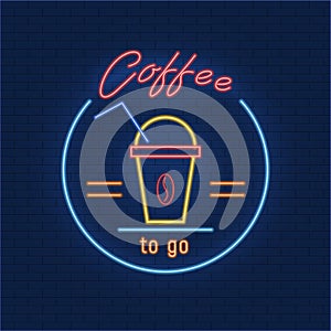 Coffee to go. Vector illustration in neon style