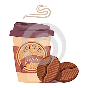 Coffee travel cup mug with badge suitable for logo with engraved hot coffee beans