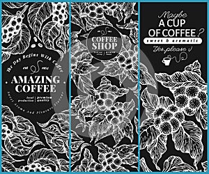 Coffee tree banner templates. Vector illustration on chalk board. Vintage coffee banners set. Hand drawn engraved style