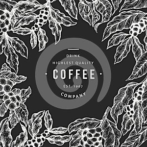 Coffee tree branch vector illustration. Vintage coffee background. Hand drawn engraved style illustration on chalk board