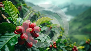 Coffee tree with fresh arabica coffee bean in coffee plantation on the mountain