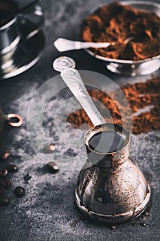 Coffee. Turkish coffee. Armenian Turkish coffee. Cezve and cup of coffee. Traditional serving coffee