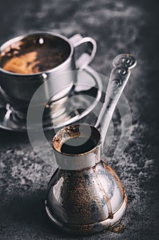 Coffee. Turkish coffee. Armenian Turkish coffee. Cezve and cup of coffee. Traditional serving coffee