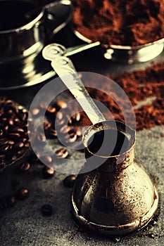 Coffee. Turkish coffee. Armenian Turkish coffee. Cezve and cup of coffee. Traditional serving coffee