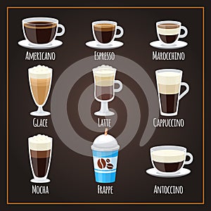 Coffee types flat vector collection americano and latte