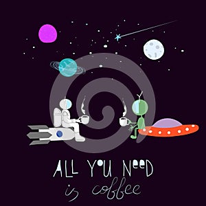 Coffee Universe Space extraterrestrial Star astronaut moon rainbow travel cosmos astronomy graphic design typography element. Hand