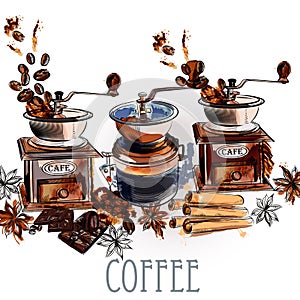 Coffee vector background with coffee grinder anise stars and roasted beans in engraved and watercolor styles