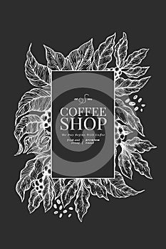 Coffee vector design template. Vintage coffee background. Hand drawn engraved style illustration on chalk board