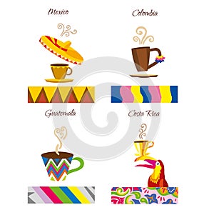 Coffee vector logo. Cafe emblem. Coffees of the world label illustrations