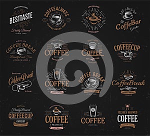 Coffee vintage logos set. Freshly brewed caffeine dark drink logotype. Premium goods latte and espresso business retro