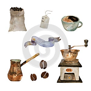 Coffee watercolor collection on isolated white: coffee mill, coffee maker, beans, spices, cup of coffee