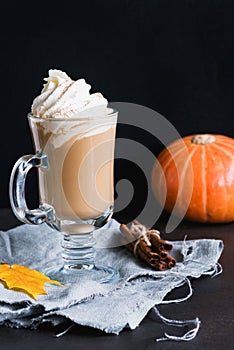 Coffee with whipped cream and cinnamon or pumpkin spice latte in mug