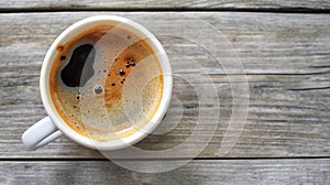 Coffee in white cup on wooden table in cafe