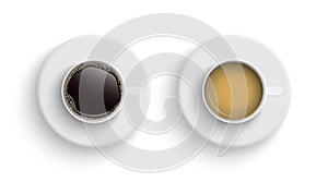 Coffee in white cups view from the top, Black coffee, cappuccino espresso, latte, mocha, americano, isolated on white background