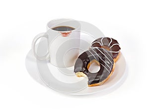 Coffee in White mug and chocolate donuts on a white plate on the white, Cup of coffee with lipstick mark