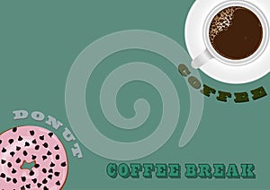 Coffee in white mug and Donut strawberries with chocolate chips topping in green background