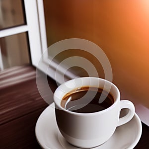 Coffee, white mug, top down, on tabletop with window nearby