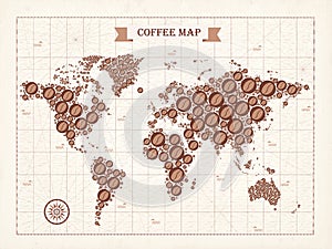 Coffee wirld map. Vector. Light background. Coffee break