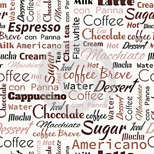 Coffee words, tags. Seamless pattern