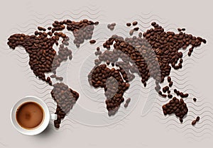 Coffee world map with coffee cup