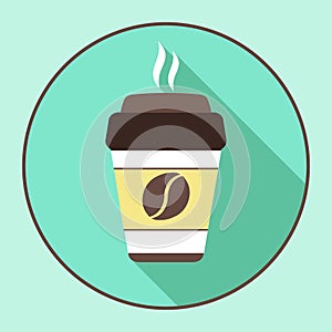 Coffee for you, sticker in the window, vector logo, web icon, button, label, sign, pictograph. Flat colored cup of