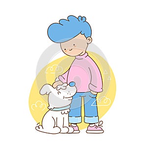 Coffee young man petting dog. Vector