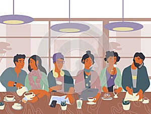 Coffeehouse or cafe scene with people drinking coffee flat vector illustration