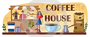 Coffeehouse typographic header. Bartender making a cup of hot coffee.