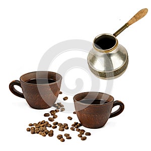 Coffeepot, Clay cups with black coffee and roasted coffee beans isolated on white . Collage