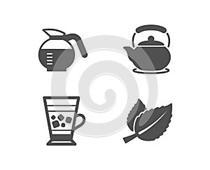Coffeepot, Frappe and Teapot icons. Mint leaves sign. Brewed coffee, Cold drink, Tea kettle. Mentha herbal.