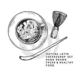 Coffeeshop and bakery set. Hand drawn top view of matcha mug, chasen, spoon. Traditional asian beverage and barista